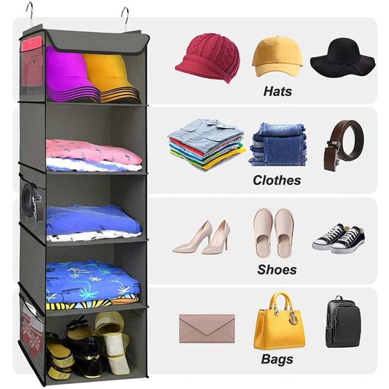 Yaapeet -Shelf Hanging Closet Organizer Collapsible Closet Side-Pockets Clothes Accessories Storage Washable Cloth Fabric