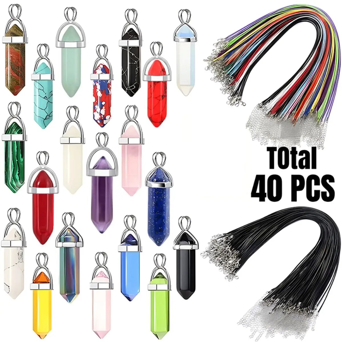 40 Stuks/30 Stuks Zeshoekige Chakra Synthetische Kristallen Hanger, Puntige Kwarts Steen Met Lederen Ketting Ketting Opbergtas: Blauw