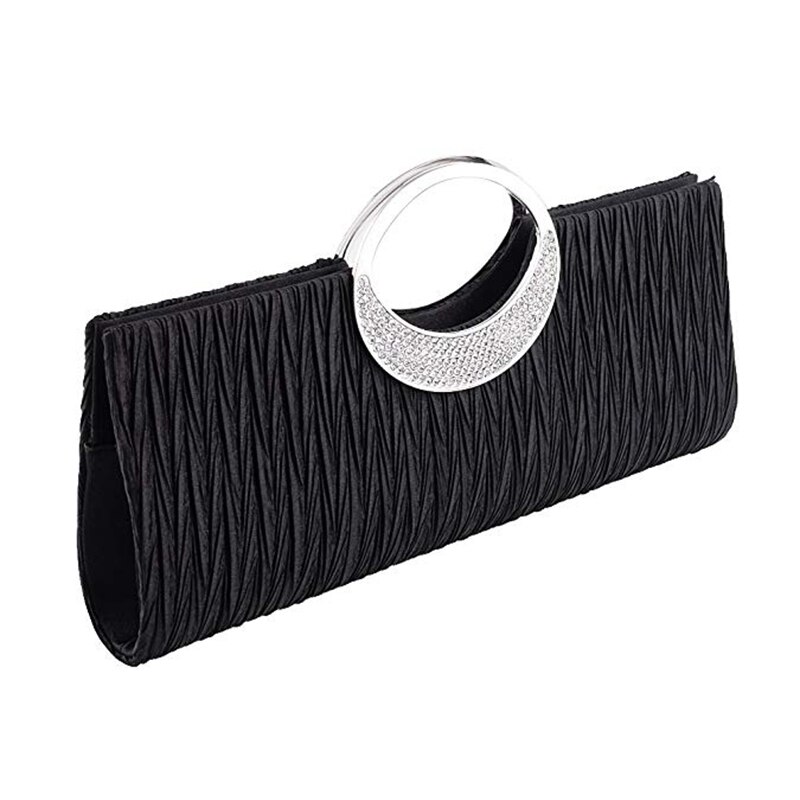 Bolso de noche de lujo para Mujer, cartera de mano plisada de satén con diamantes de imitación, a la , para de boda, monedero: Negro