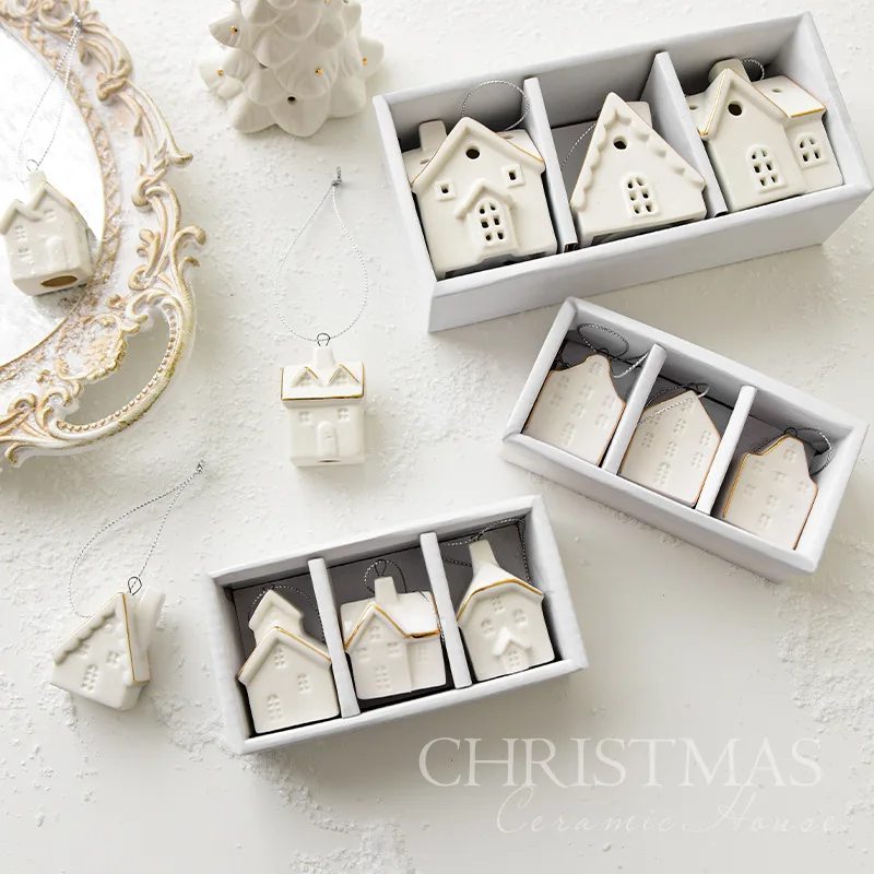 Keramisk julepyntsett med 3 glødende snøhuspynt små scenedekorasjoner til hjemmekontor