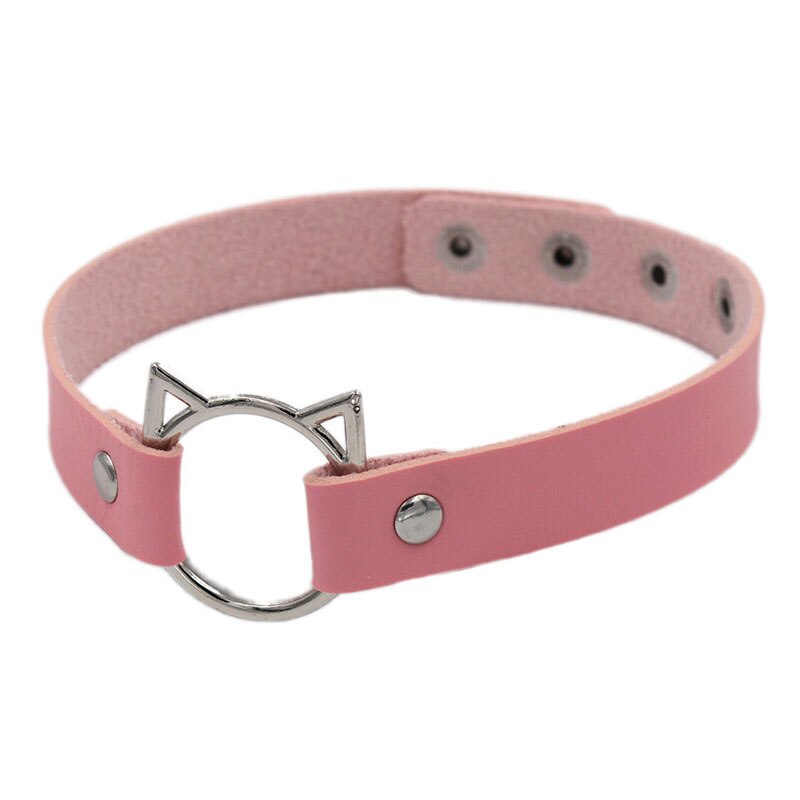 Kat øre pu læder choker halskæde kvinder chocker halskæder tilbehør punk halsrem bryllup brud smykker: Lyserød