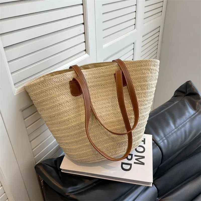 Bolso de mano de cesta trenzada para mujer, bolso de hombro portátil de paja grande, monederos de en la playa, bolso de compras femenino