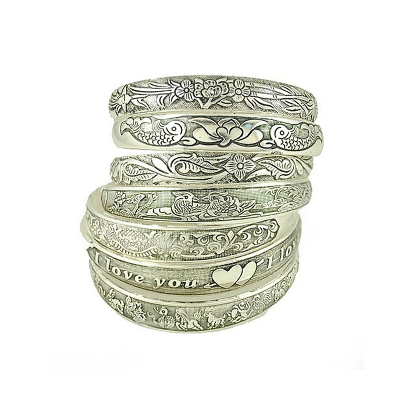 Nuevas pulseras Retro, brazaletes tibetanos de plata y Metal tallado, brazaletes de flores de elefante y pez, joyería gitana Vintage, para mujer