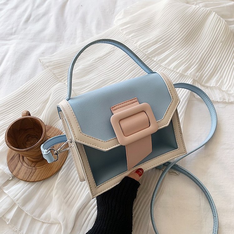 Contrast Color PU Leather Crossbody Bag For Women Cute Lady Small Shoulder Messenger Bag Transparent Tote Purse Travel bags: Blue