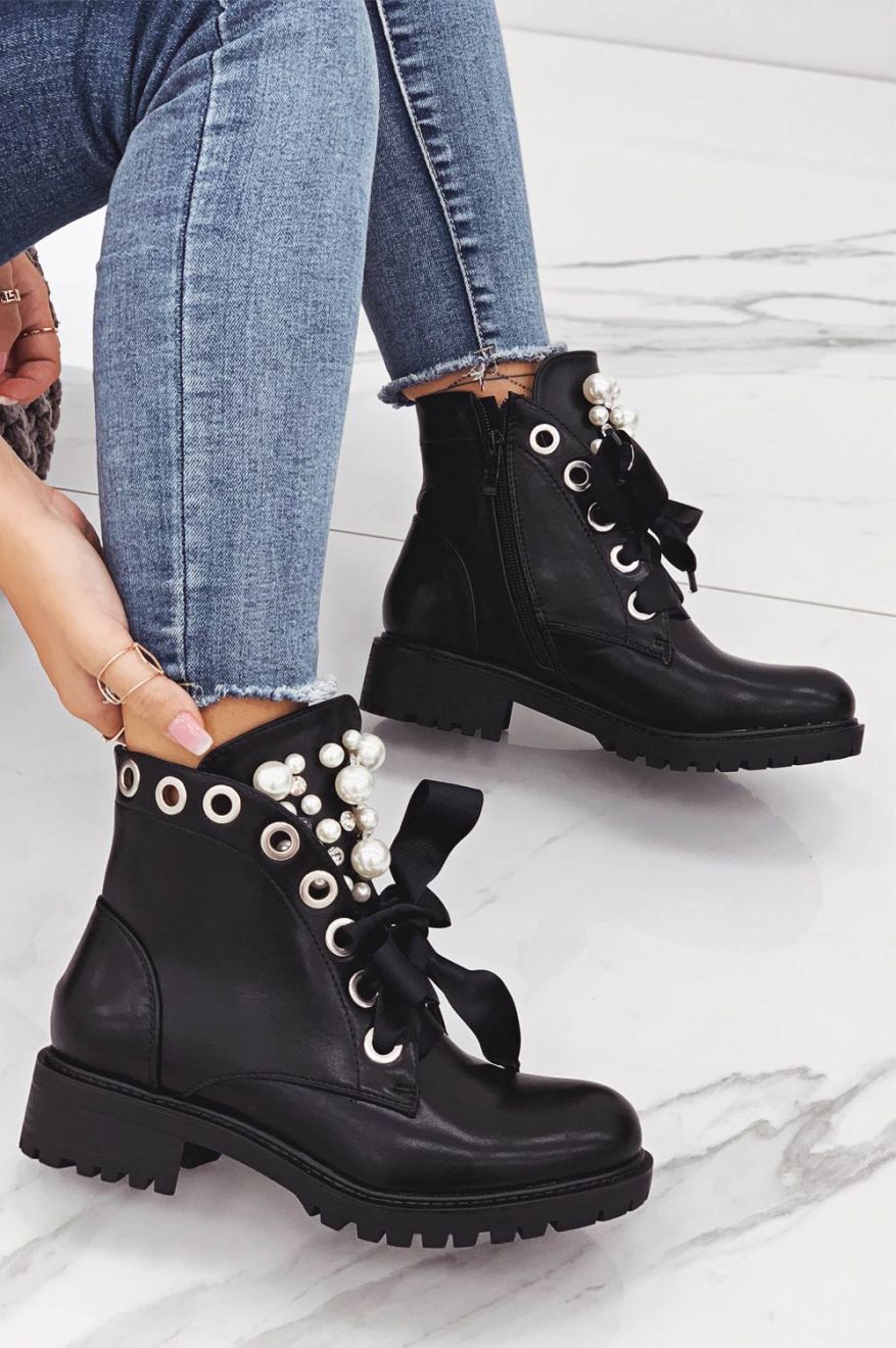 Bottes noires pour femmes, bottines de moto, motard, plate-forme en perles, talon épais, bout rond, fermeture éclair, croisées, pour dames, chaussures décontractées faites main,