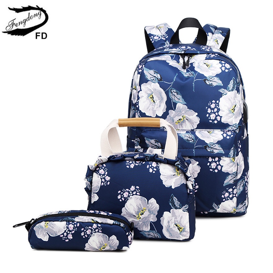 Fengdong 3pcs/set floral school backpack for girls cute flower handbag set student pencil bag children school bags kids backpack