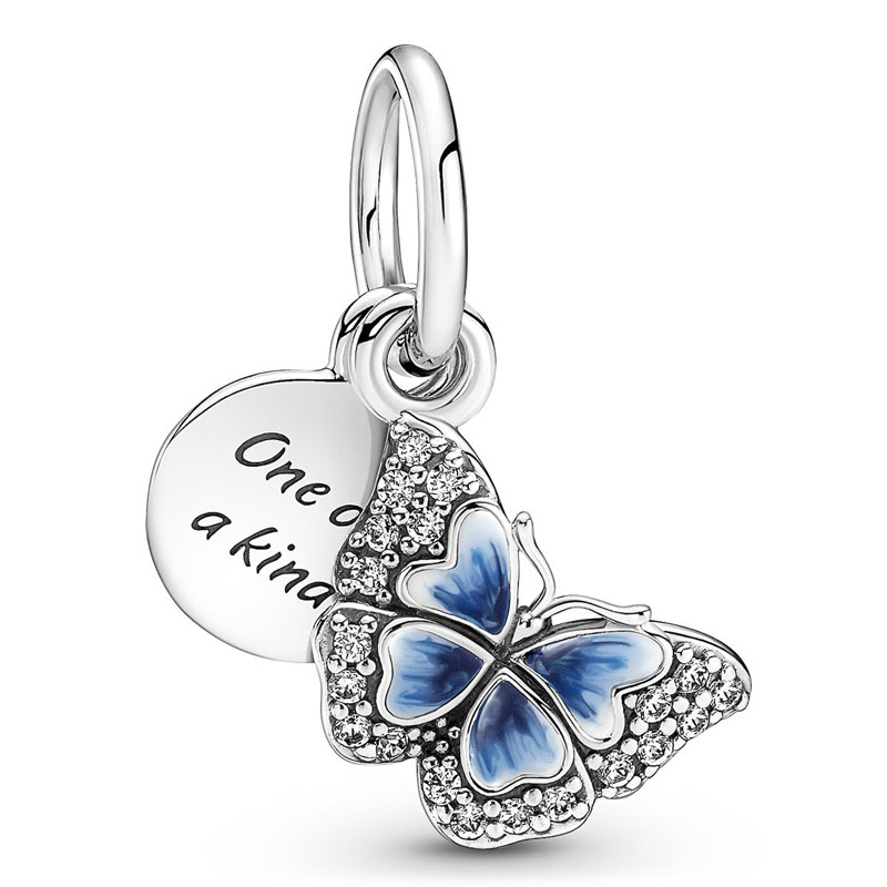 Colgante doble con de mariposa y cita, accesorio Original de esmalte azul compatible con pulsera de cuentas de Plata de Ley 925, joyería Europea artesanal