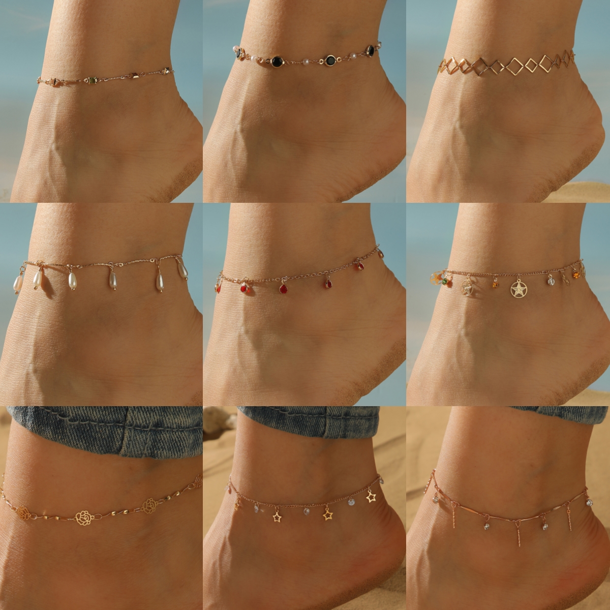 Eleganti cavigliere con zirconi e fiori di perle per le donne Sandali tutto'uncinetto a piedi nudi Gioielli per piedi Cavigliera per gambe sui braccialetti per piedi Catena per gambe