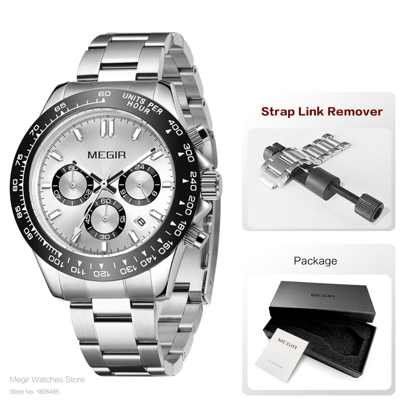 MEGIR Men Watch Top Brand Luxury Sports Quartz Watches Stainless Steel Strap Waterproof Chronograph Wristwatch часы мужские 8104: grey