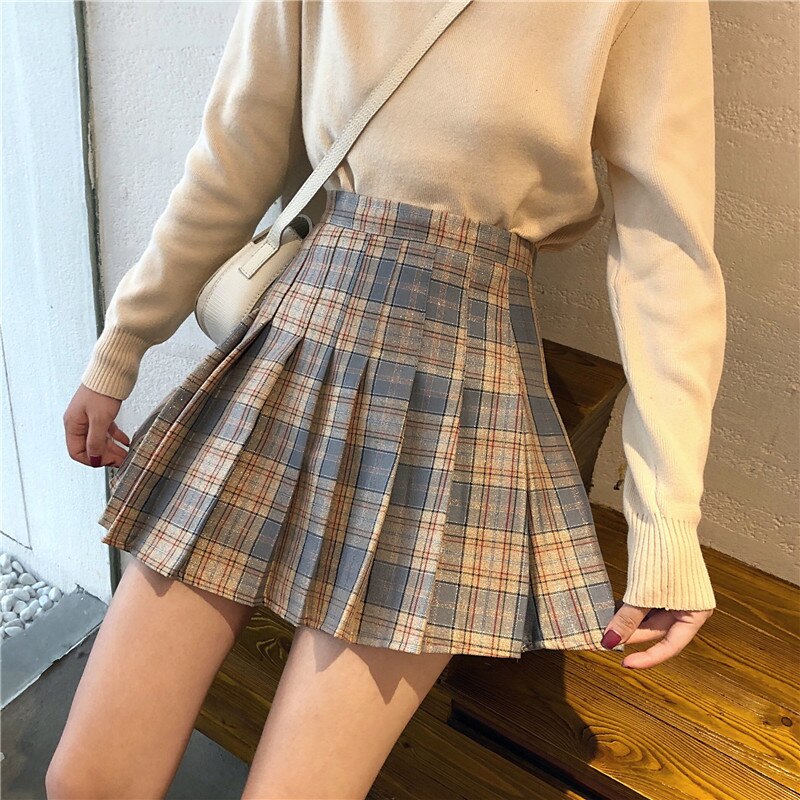 Primavera/Verano falda de talle alto Vintage falda escocesa plisada los estudiantes cintura falda JK mujer Anti-vaciado falda para la escuela: L