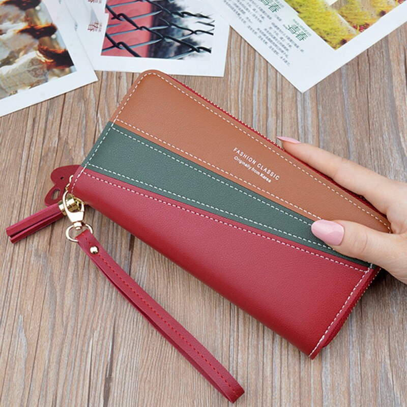 SHUJIN Geometric Women Wallets with Zipper Pink Phone Pocket Card Holder Patchwork Long Wallet Lady Tassel Short Coin Purse: D