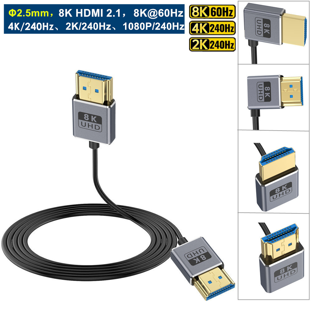 Câble Coaxial HDMI 8K HDMI 2,1, 48 Gbit/s ultra haute vitesse, cordon HDMI ultra fin Φ2,5 mm, 8K@60 Hz, 4K@240 Hz, HDR dynamique, eARC