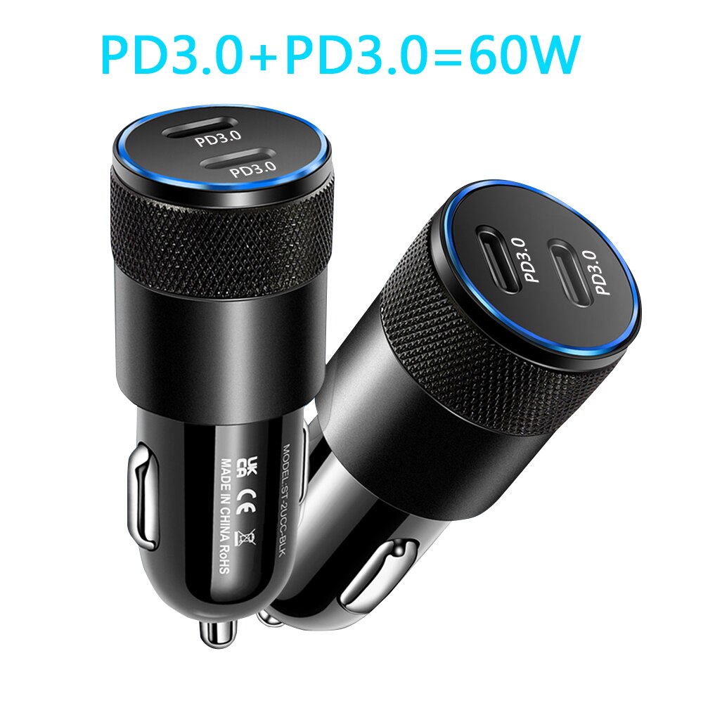 60W USB C szybka ładowarka samochodowa 2 porty ładowarka samochodowa Adapter podwójny typ C PD dla IPhone12 11 Pro Max Samsung Galaxy Note20 Android