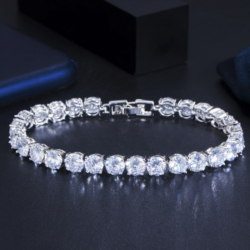 Threegraces Fonkelende Paars Zirconia Zilveren Kleur Geometrische Ronde Cz Tennis Link Chain Armband Sieraden Voor Vrouwen BR219