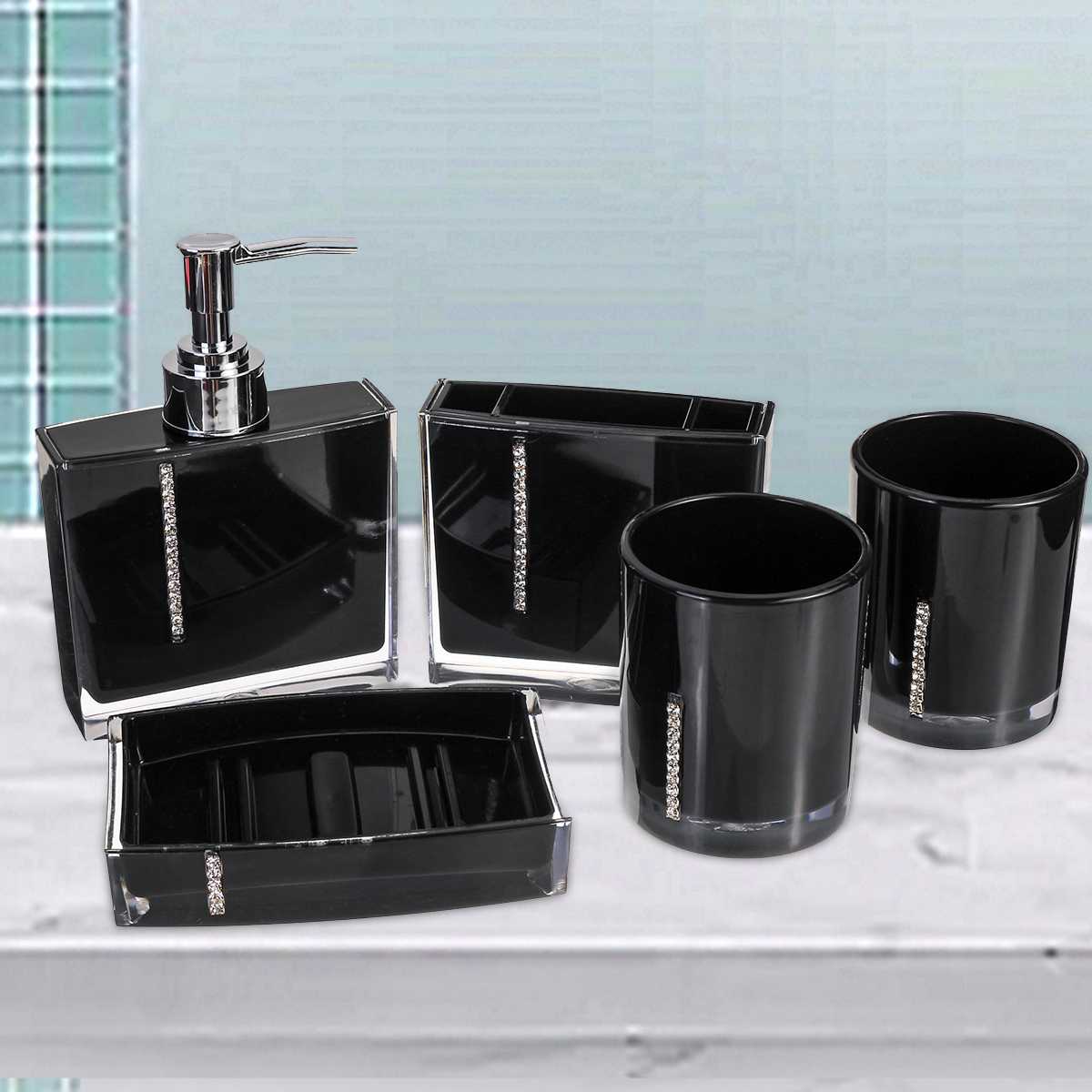 5PCS Acrylic Bathroom Accessories Set Soap Dispenser/Toothbrush Holder/Emulsion Bottle/2 Cups Purple Black Bathroom Shower Kit