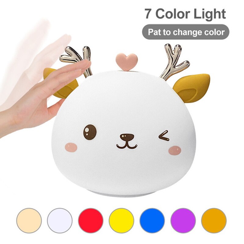 Nachtlicht katze silikon nachtlicht usb-wiederaufladbar touch-sensor schlafzimmer bettlampe mit fernbedienung für kinder baby dekoration: Hirsch 7 farben