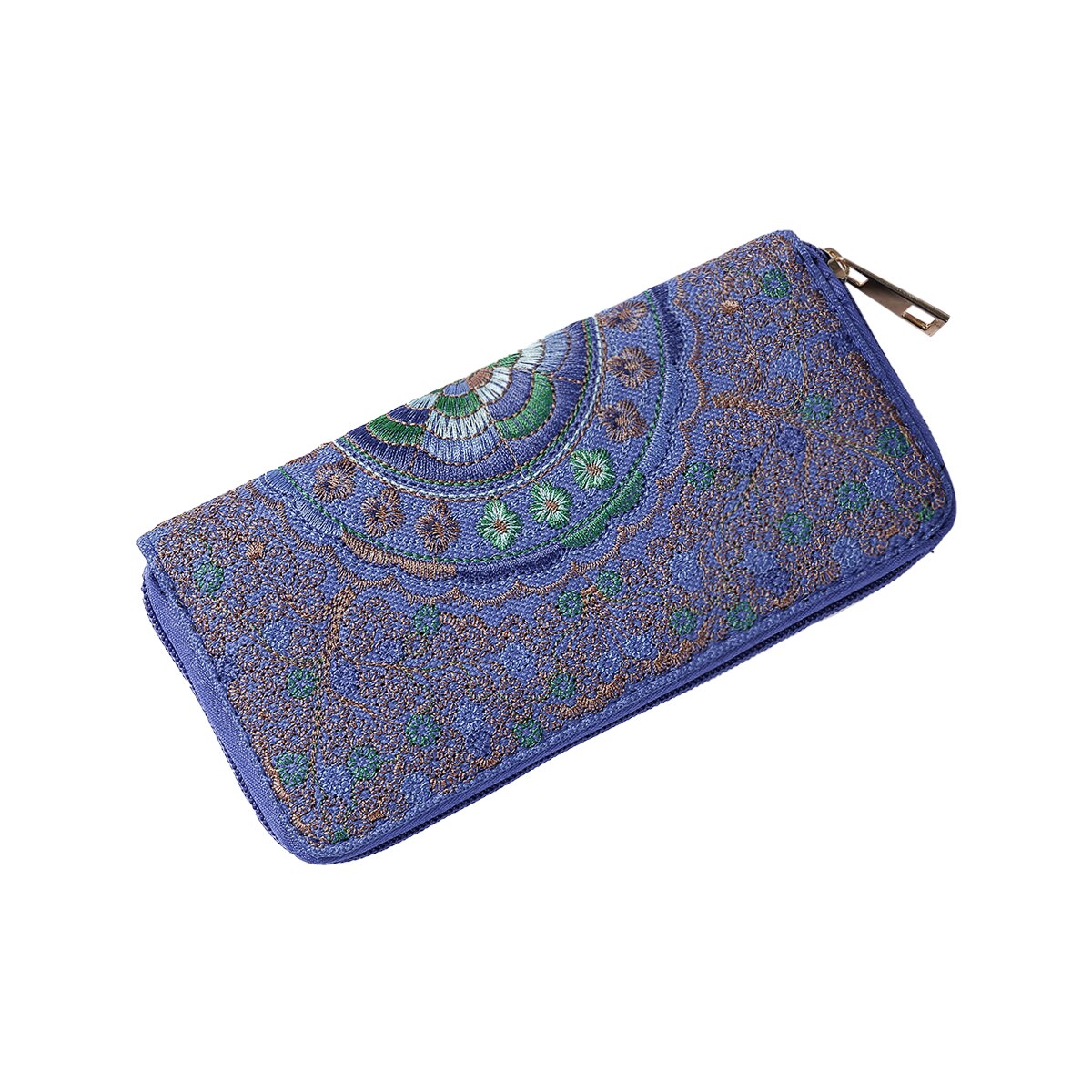 Celebrity style broderet blomsterpung lang pung til kvinder bærbar id kreditkortholder clutch: Blå