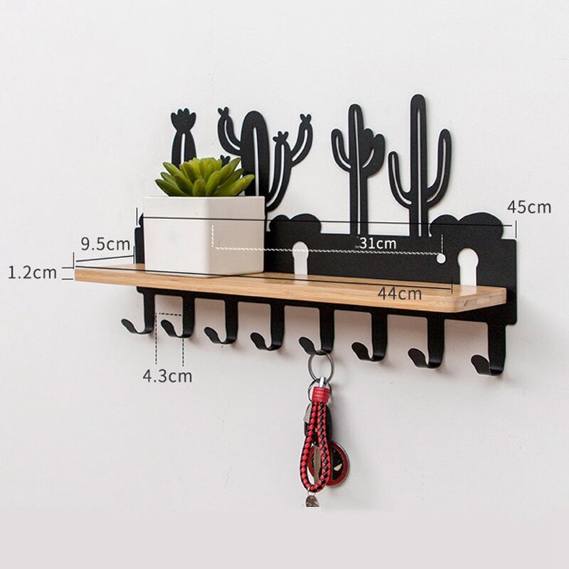 Ijzer Hout Multifunctionele Opbergrek Muur Gemonteerde Hanger Jas Hoed Rek Sleutel Haak Badkamer Plank Opbergrek 8 Haken Home decor