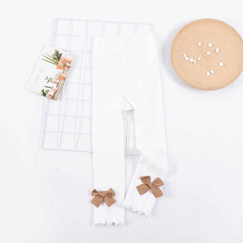 Girls Leggings Spring Autumn Cotton Baby Girls Ribbed Pants White Pink Gray Black Baby Toddler Pants Little Girl Bow Tie Pants: White / M(110-120cm)