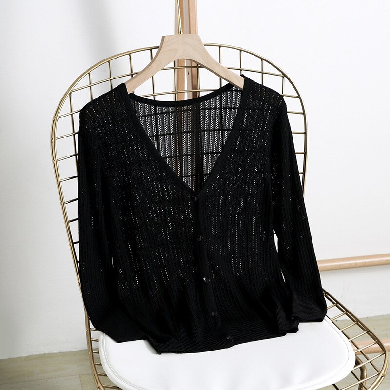 Ice Silk Thin Cardigans Women Summer Knitted V-neck Long Sleeve Sweaters Knit Sweater Women Cardigan Femme Black Pink: black