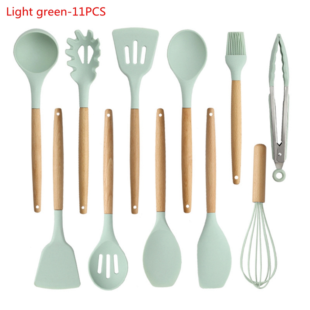 9/11Pcs Silicone Cooking Utensils Set Non-stick Spatula Shovel Wooden Handle Cooking Tools Set Kitchen Tools: 11Pcs Light Green