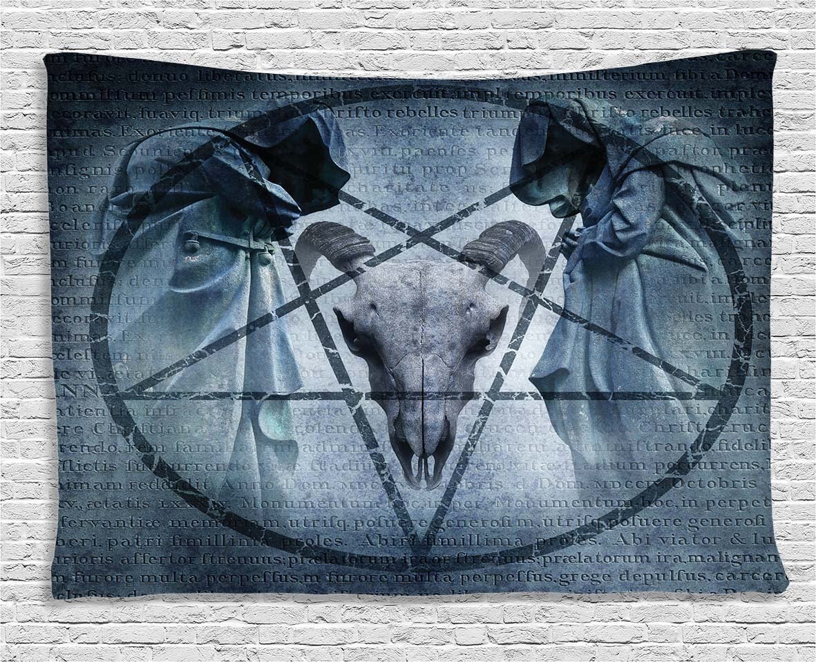 Horror Huis Tapestry Kunstwerk Met Pentagram Geit Schedel Duivel Droom Hooded Exorcist Afbeelding Brede Muur Opknoping
