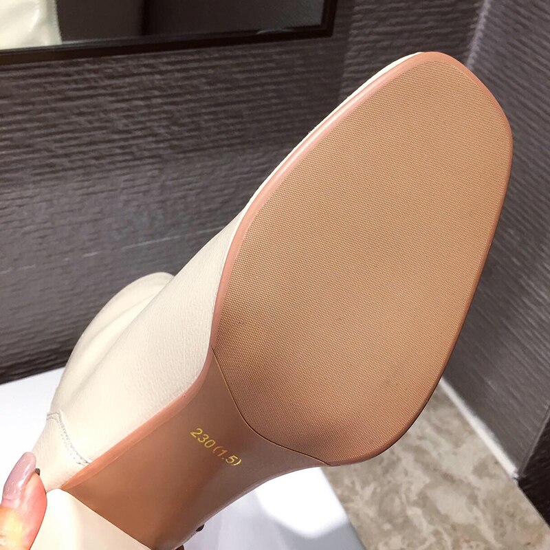 Luxe Vrouwen Beige 7Cm Blok Hoge Hakken Enkellaarsjes Winter Vrouwelijke Vierkante Neus Chelsea Laarzen korte Laarzen