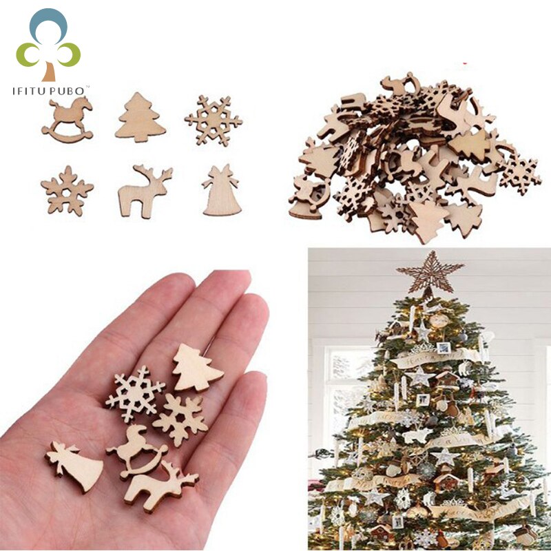 100 Pcs Natuurlijke Hout Ornamenten Rendier Boom Sneeuwvlokken Bell Kerstman Ster Kerst Decoraties Voor Huis Navidad GYH