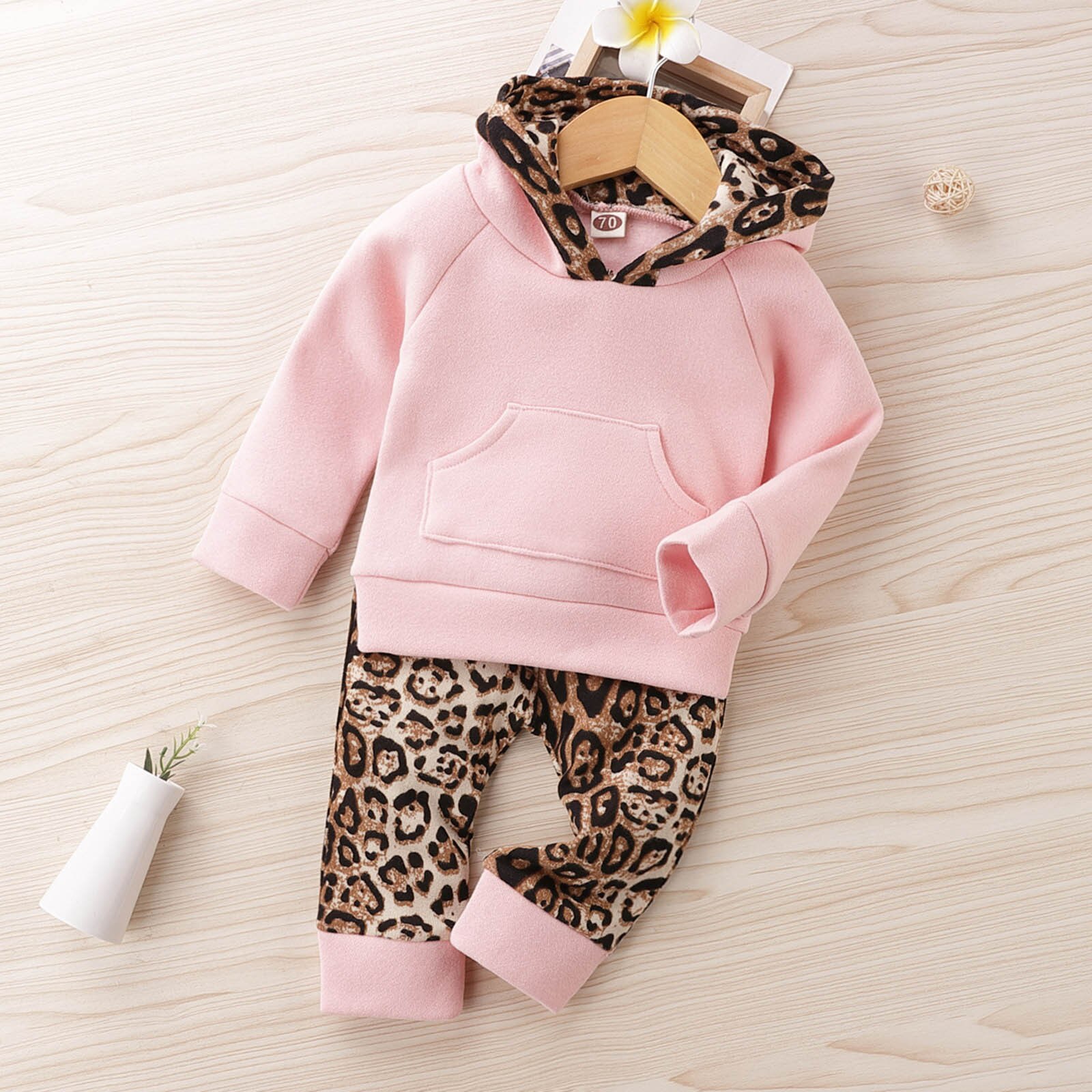 Peuter Set Baby Jongens Meisjes Winter Mode Dikke Warme Capuchon Leopard Pocket Socket Tops + Broek Outfits Kinderen kleding