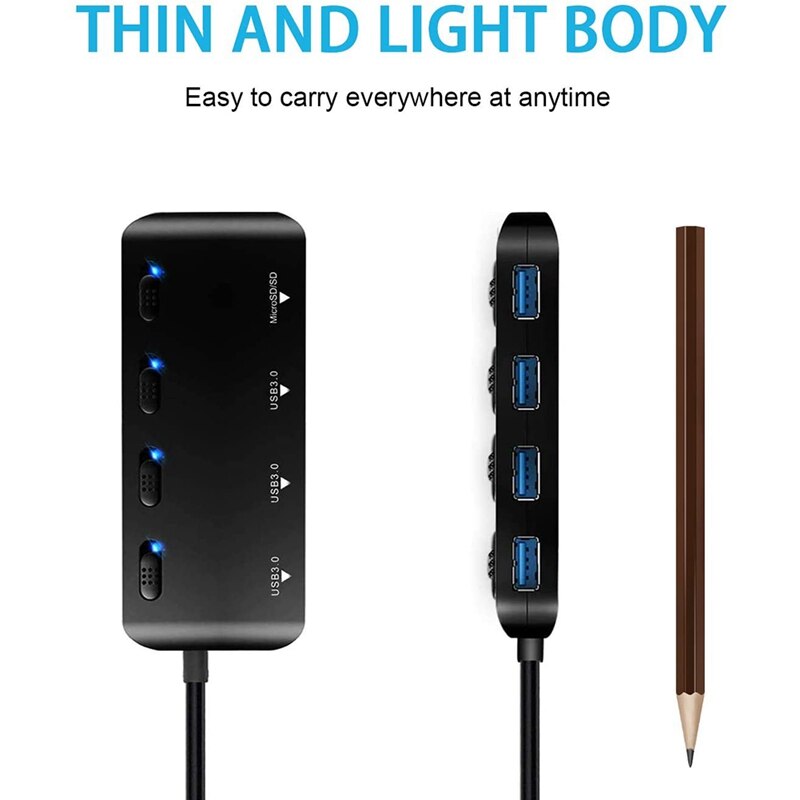 USB 3.0 Hub Ultra-Thin USB Splitter,4 Port USB Extension with Individual On/Off Switche,Portable Expansion Data Hub