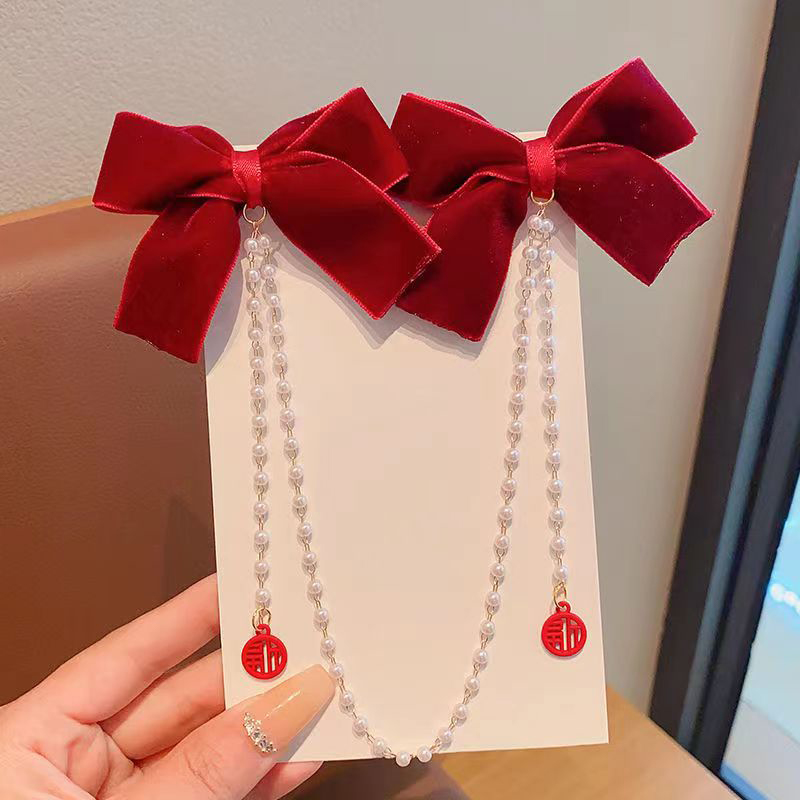 Horquillas de cadena de perlas con lazo Vintage con borla, horquillas decorativas para el cabello dulce, pinzas para el cabello, accesorios para el cabello de , 1pc: Rosa