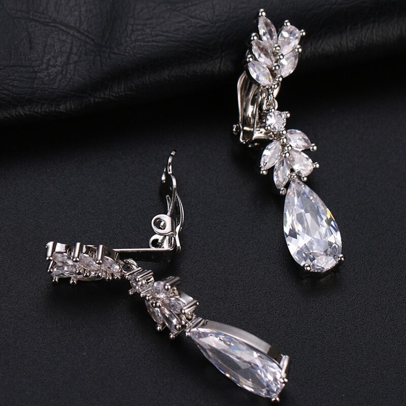 Leaf Zircon Clips Earrings for Women Silver Color Water Clip Earings Long Crystal Wedding Ear Cuff Jewelry