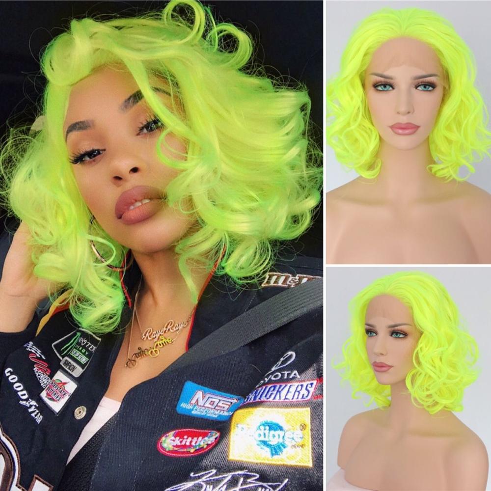 Neon Yellow Color 13x2.5 High Heat Resistant Hair handmade cosplay party Drag Queen Synthetic Lace front wig for Women