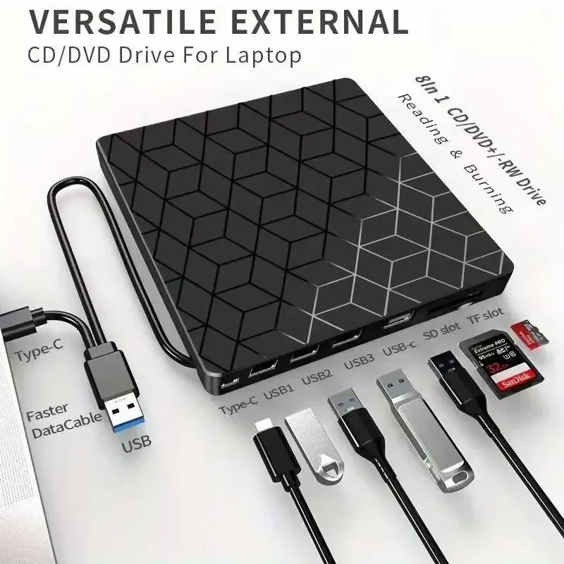 7 in 1 External DVD Drive USB 3.0 Type-C CD/DVD Burner Writer Reader Player Portable Optical Drive for Desktop Mac Windows Linux