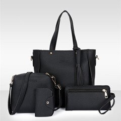 4 pçs conjunto de mulheres topo-alça titular do cartão de grande capacidade borla bolsa de ombro bolsa carteira senhoras couro do plutônio crossbody saco: Black