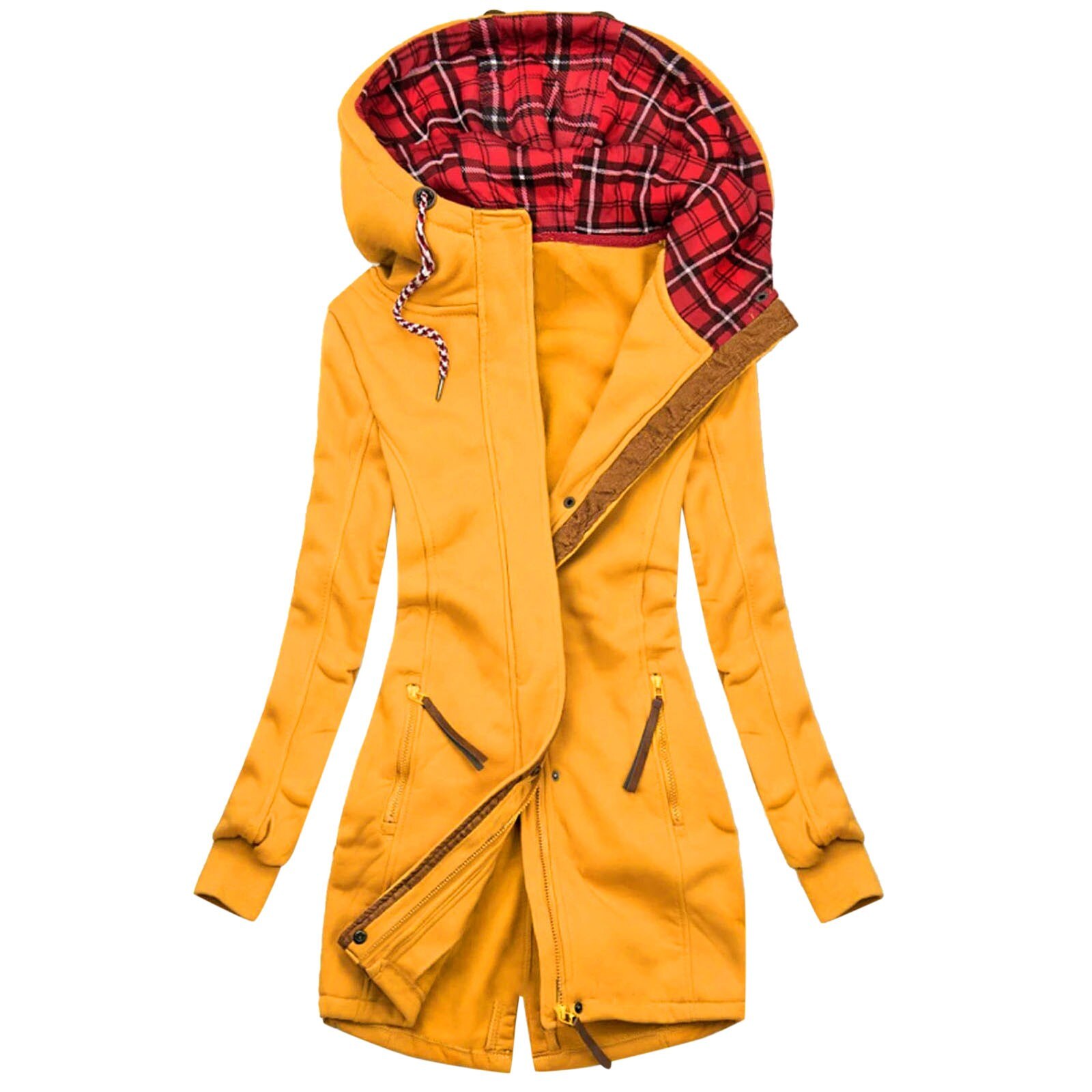 Ladies Long Sleeve Coat Mujer Autumn Women Plaid Print Jacket Zipper Pocket Outwear Female Coats Kobieta Kurtka #T2G: Red / XXXL