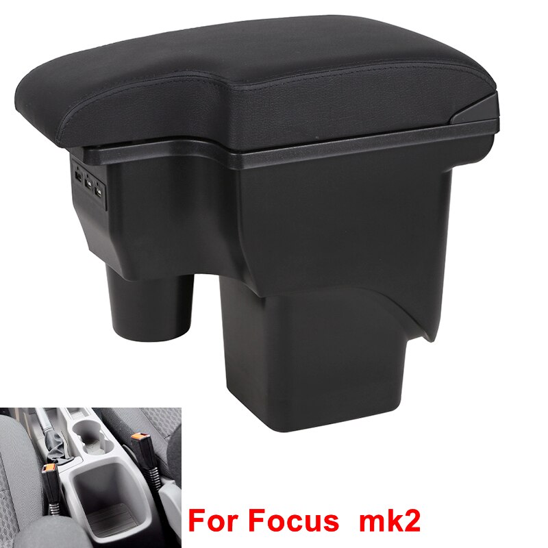 Reposabrazos para Ford Focus Mk2, compartimento central de almacenamiento, accesorios de decoración de estilo de coche, doble capa, gran espacio: A2 black leather
