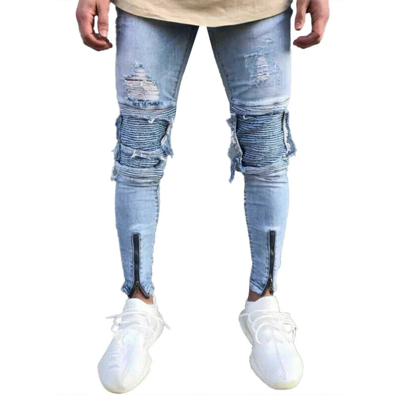 Männer Gerissen Ausgefranst Dünne Jeans Hosen schlank passen betrübt Denim Hosen BöHöhle: hell Blau / 32