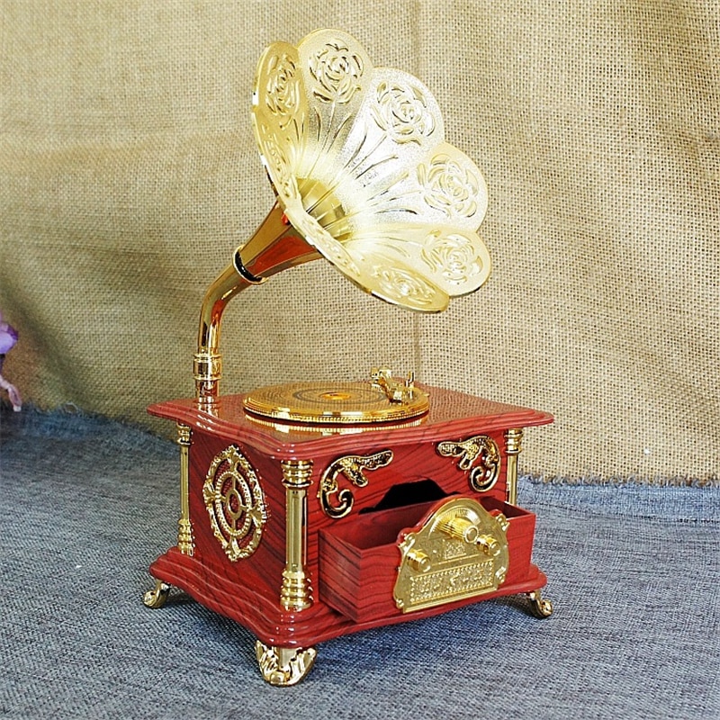 Stary gramofon Model muzyka skrzynka złoty chwile z zegarową muzyki obrotowy gramofon nostalgia rzemiosło kreatywny prezent na boże narodzenie