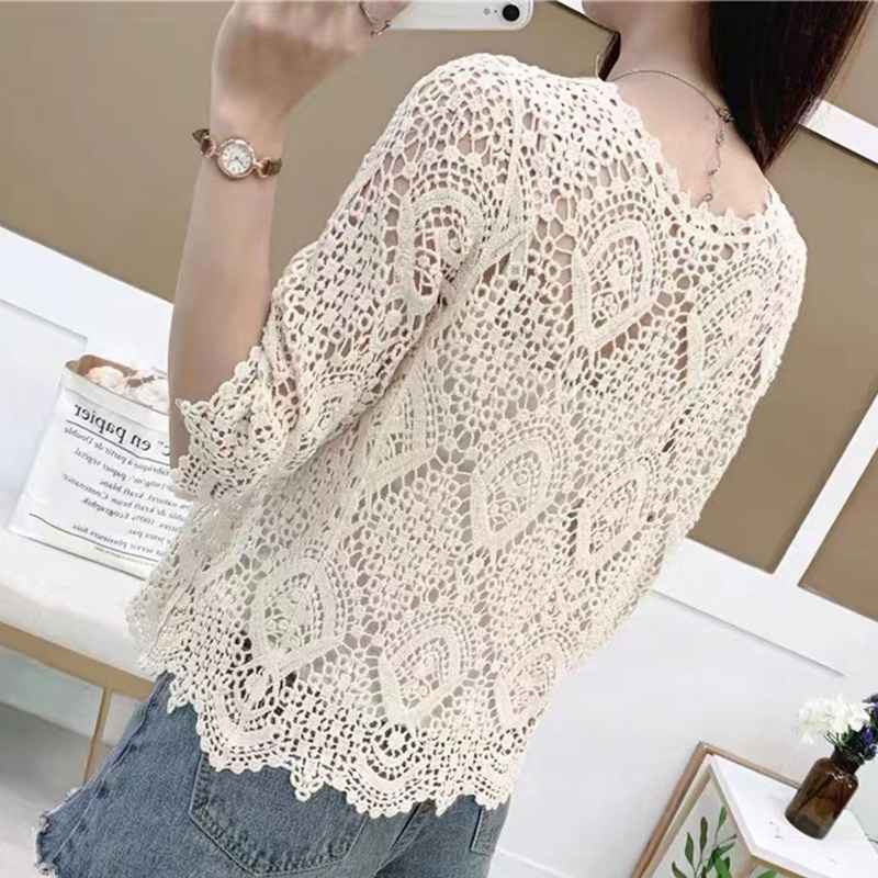 Women Knitted Lace Shrug Boho Hollow Crochet Floral 3/4 Sleeves Open Front Cropped Cardigan Mesh Sweater Coveup