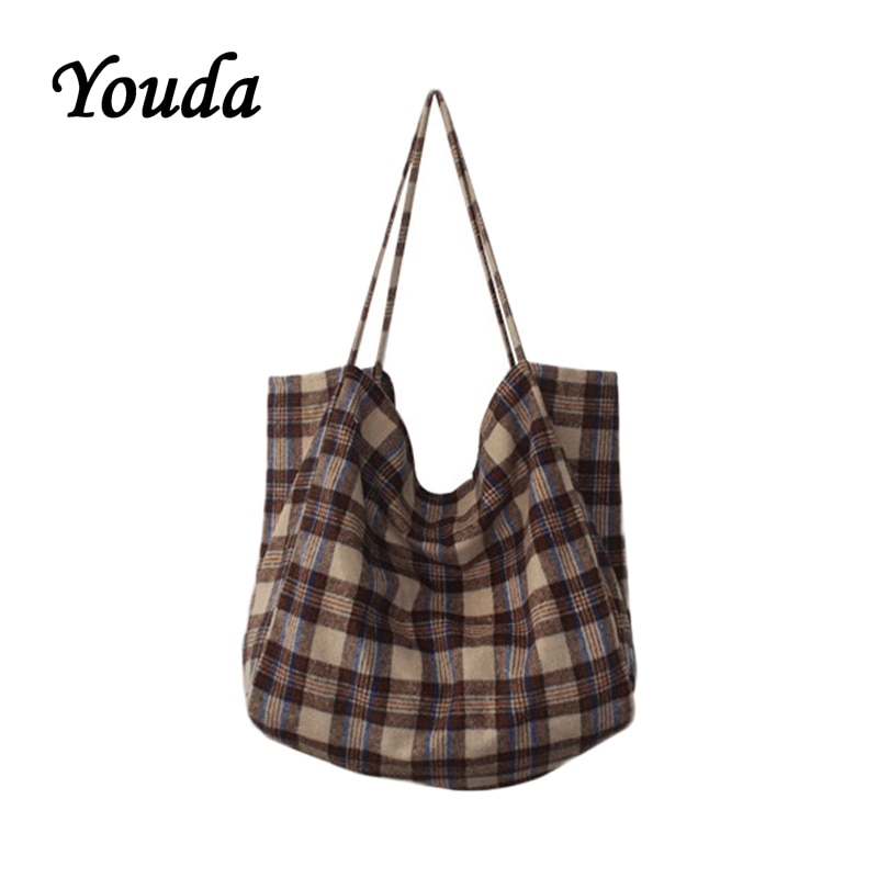 Youda coreana sencilla bolso de lona a cuadros bolso de gran capacidad bolso de hombro literario para mujeres bolso de compras para estudiantes