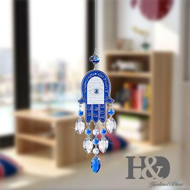 Handgemaakte Lucky Hamsa Turks Blauwe Boze Oog Kristal Suncatcher Hanger Windgong Amulet Thuis Muur Tuin Opknoping Decoratie