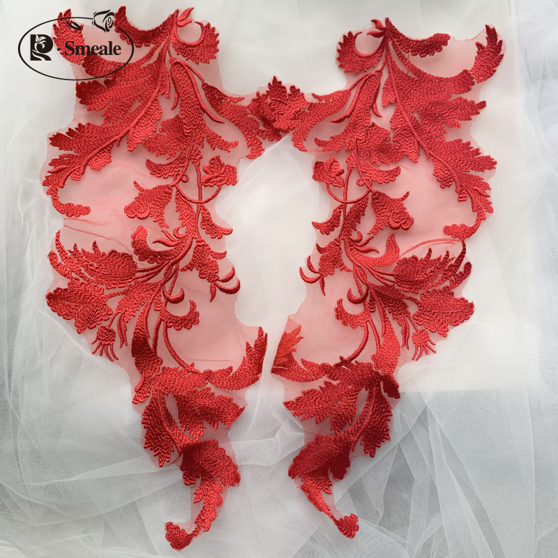 Zwart rood ivoor rayon katoenen draad kant spiegelbloemen bruiloft kant bloemen applicatie patch  rs2736