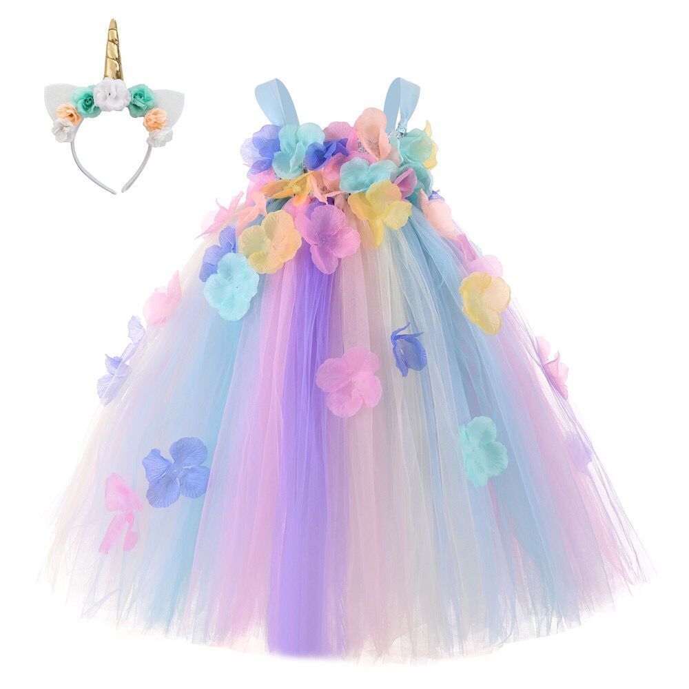 Blomma flickor pastell tutu klänning fairy princess klä upp för födelsedagsfest bröllop festklänningar enhörning kostym outfits: 13