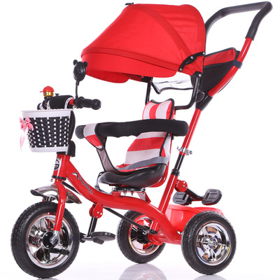 Cabriolet håndtag baby tricycle klapvogn ridning cykel bil rejsesystem foldning sidde fladt liggende barn trike babyvogn: Rød