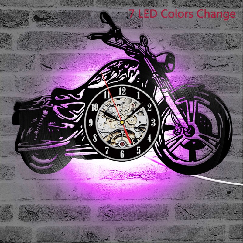Horloge murale lumineuse LED 3D en forme de moto, horloge murale en vinyle, décoration de maison, Fans de moto,: A 7 LED Color Change