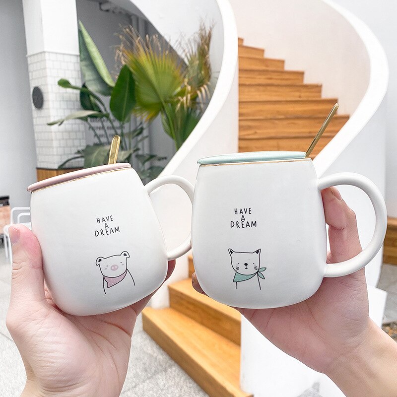 Keramiska koppar tecknad mugg par söta koppar stora tekopp muggar lock kall dryck kopp kompis glas återanvändbar familjemugg