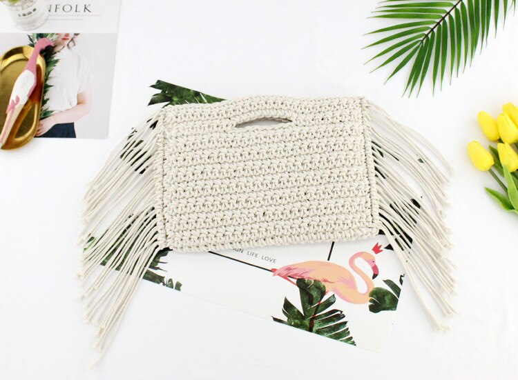 Kwastjes handgemaakt katoenen touw uitgehold geweven franje tas trend dames & #39 ;s geweven handtas stro tas voor dames: Wit