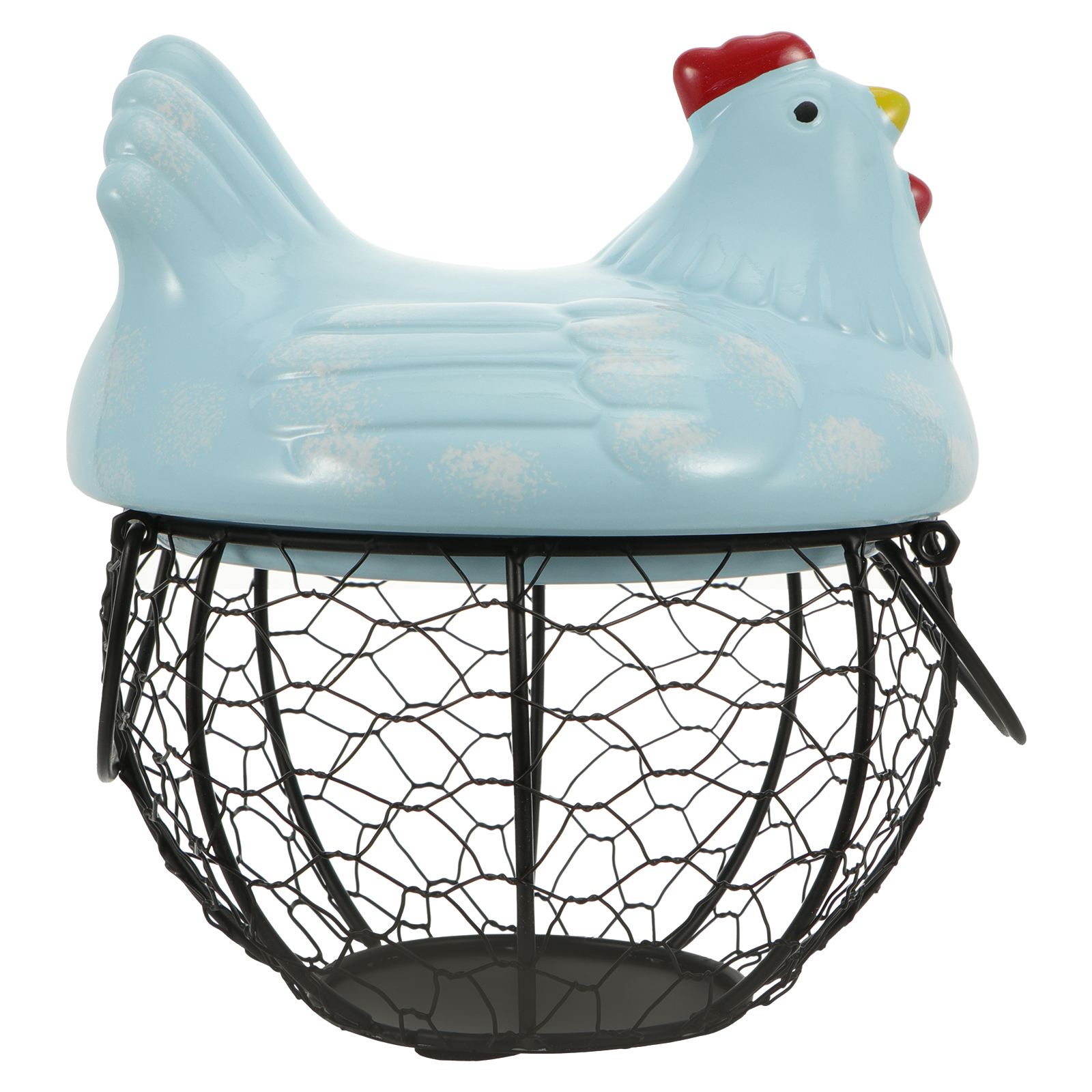 Chicken Shape Ceramic Chicken Shaped Lid with Round Wire Basket Base and Handles Egg Holder Home Storage Basket Holder: Blue