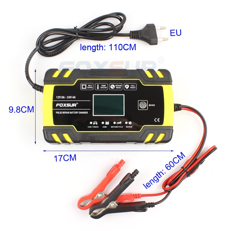 FOXSUR 12V-24V 8A Full Automatic Battery-chargers Digital LCD Display Car Battery Chargers Power Puls Repair Wet Dry Lead Acid